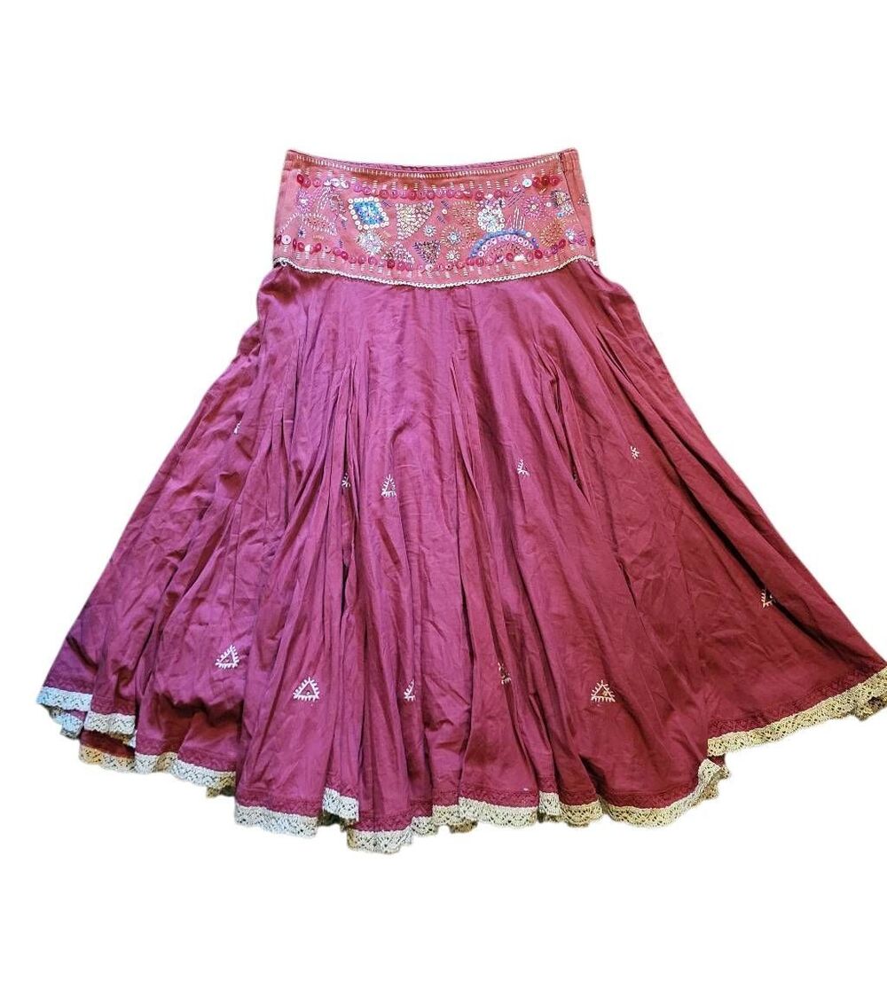 Vintage Sandy Starkman Skirt Women's Small Red Midi Sequin Beaded Festival Boho